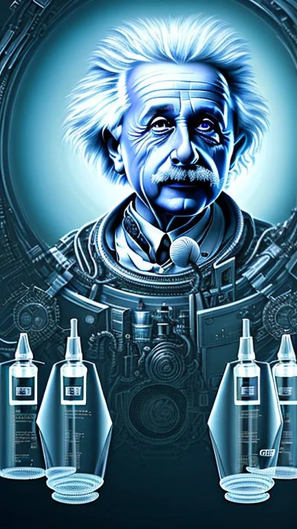Albert Einstein, detailed and intricate calligraphy ink painting of a "cyborg Mad Scientist" holding beakers, outer space Background cosmic fractals, dystopian, concept art, unreal engine 5, god rays, ray tracing, RTX, lumen lighting, ultra detail, volumetric lighting, 3d, finely drawn, high definition, high resolution. award-winning: professional portrait: atmospheric: commanding: fantastical: clarity: 16k: ultra quality: striking: brilliance: stunning colors: amazing depth: masterfully crafted