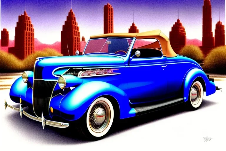 a true-to-life 1936 ford roadster, centered, intricate, extreme detailed, photorealism, center view, city background, pivot on ford, pen and color marker painting by cheryl kelley