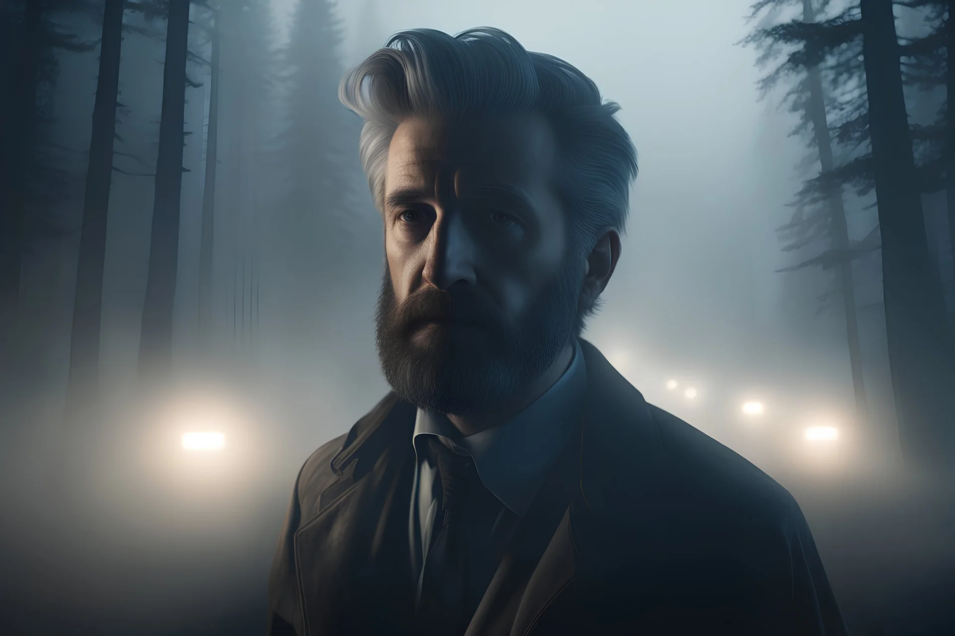 hiper-realistic UNREAL ENGINE beard guy detective view when drives in a misty dark mountains forest at night with strange light in the mist, David Lynch movie still