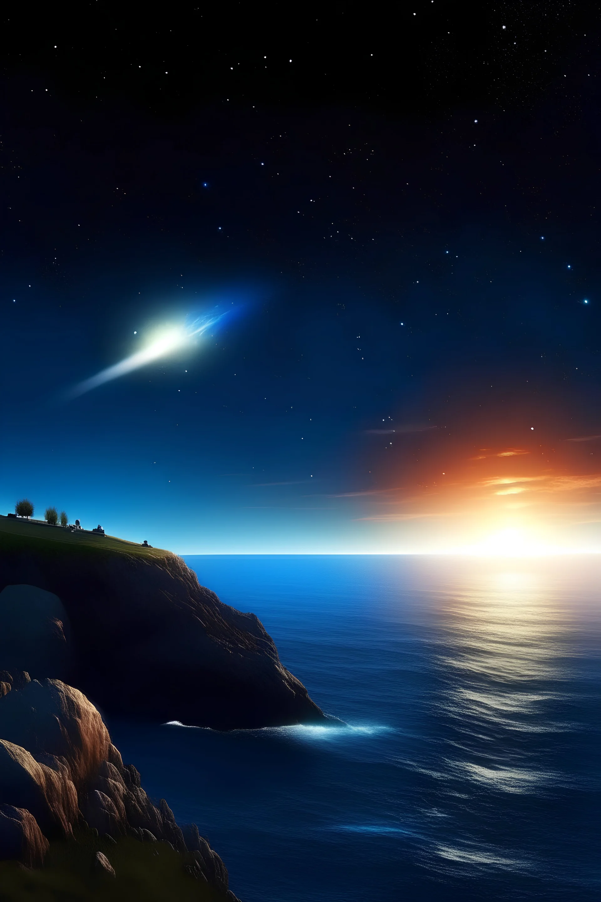 Acrylic image of a meteor going over the sky above the ship floating to the horizon