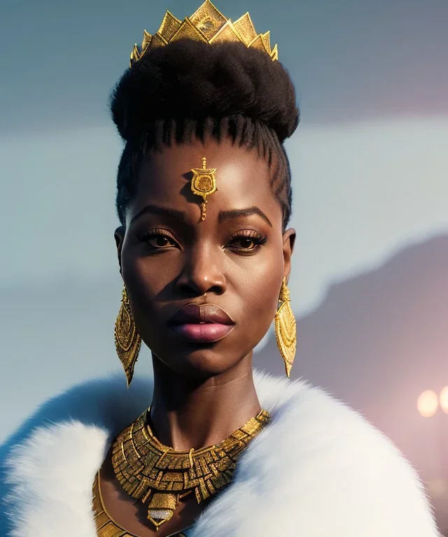 a fancy portrait of a snow african Queen by Greg Rutkowski, Sung Choi, Mitchell Mohrhauser, Maciej Kuciara, Johnson Ting, Maxim Verehin, Peter Konig, kente, 8k photorealistic, cinematic lighting, HD, high details, dramatic, atmosphereric, trending on artstation