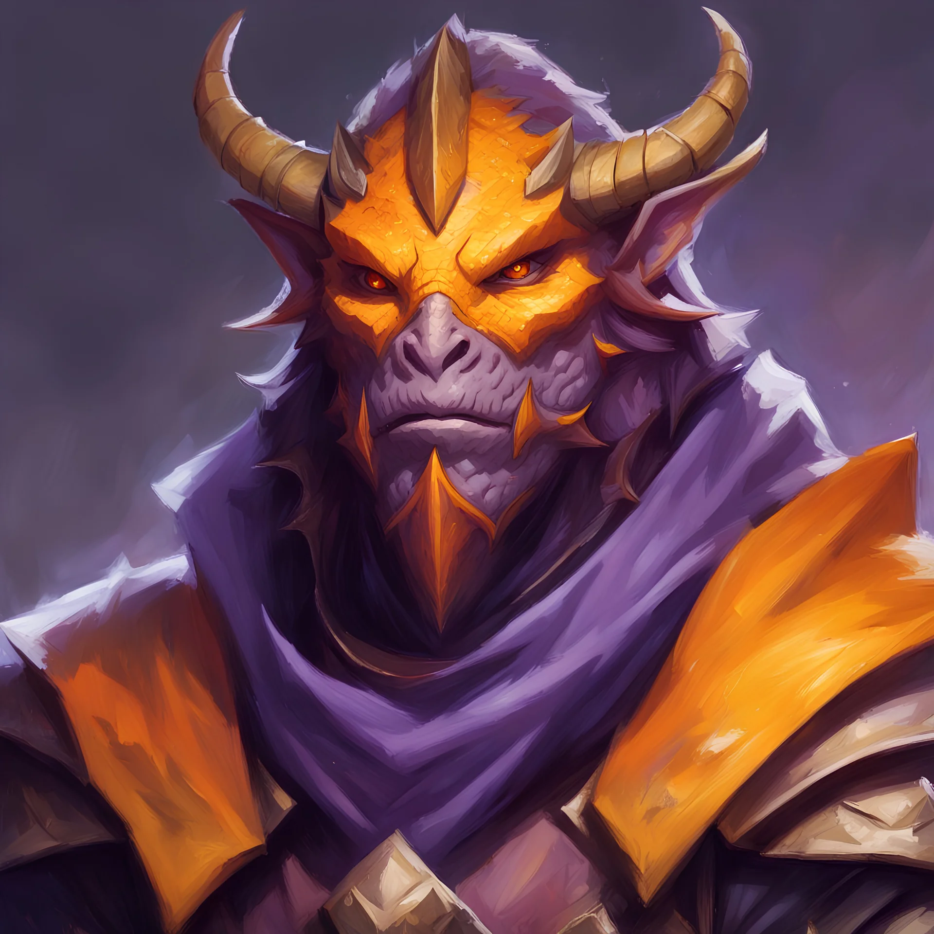 dnd, portrait of dragonborn with yellow orange scale, mighty conquerer, purple cape