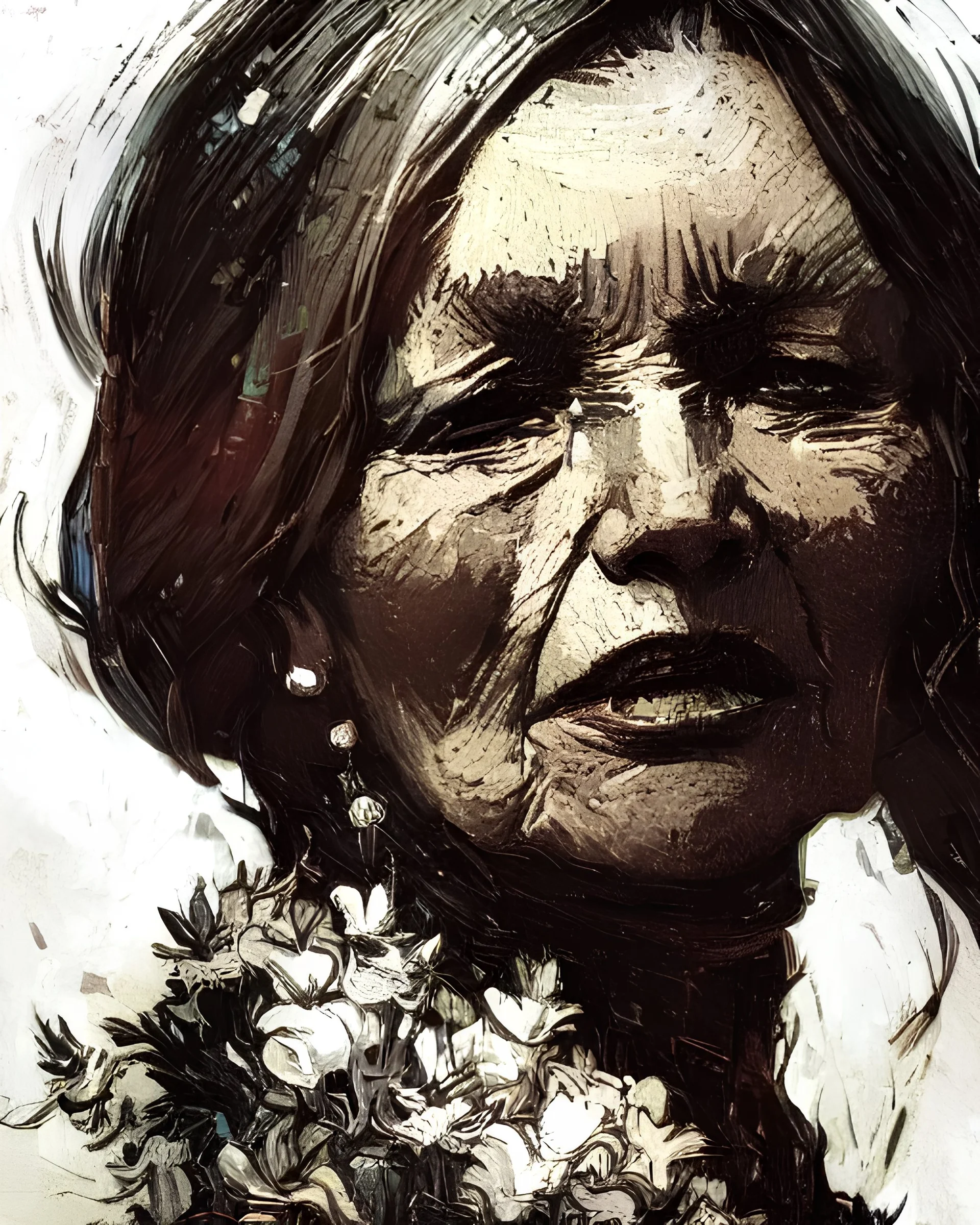 yaşlı bir kadının portresi, çiçekler, dramatik ışıklandırma, Van Gogh tarzı, Greg Rutkowski tarzı, Yoji Shinkawa tarzı, 4k, dijital sanat, konsept sanat, Artstation'da trendlere girmiş