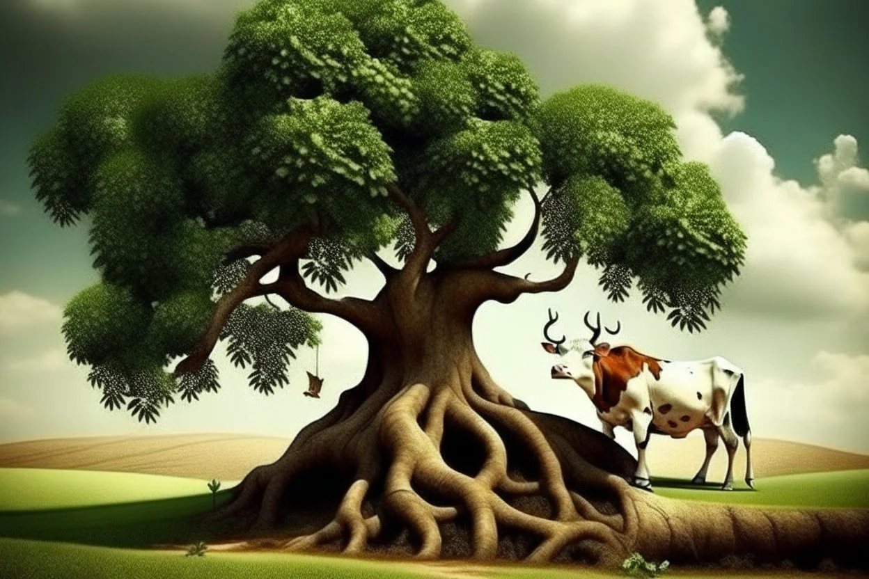 cow stuck in a tree surrealist style