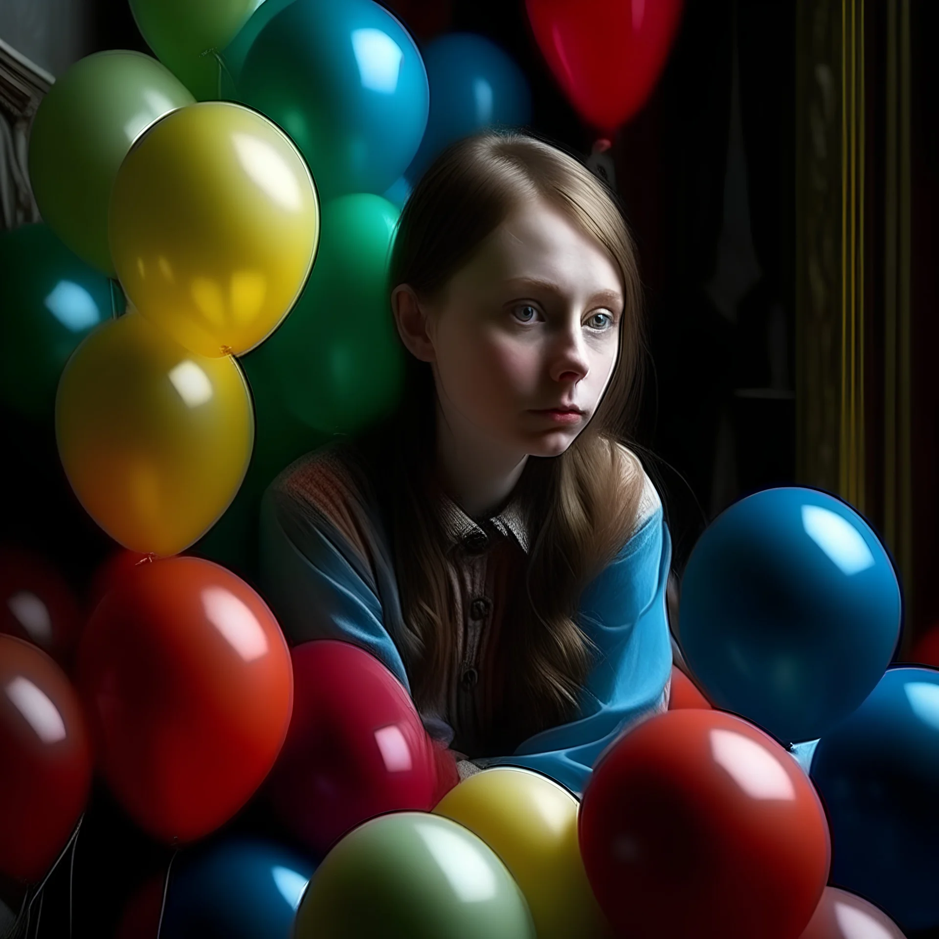 Melancholy russian girl, covered with balloons