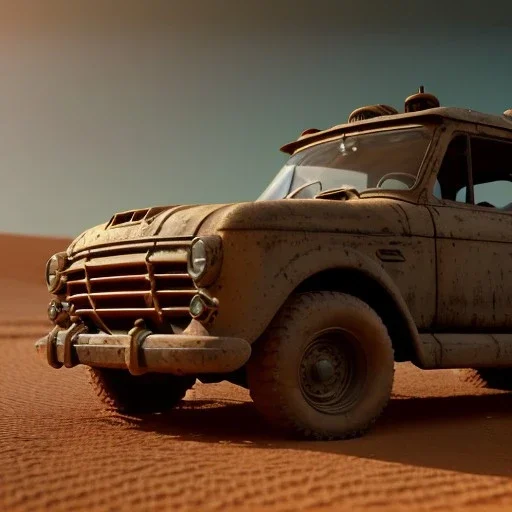 3d rendering. Steampunk futuristic yellow car. Buried in desert sand. Lost in Time, dramatic lighting, hyper realistic, cinematic lighting