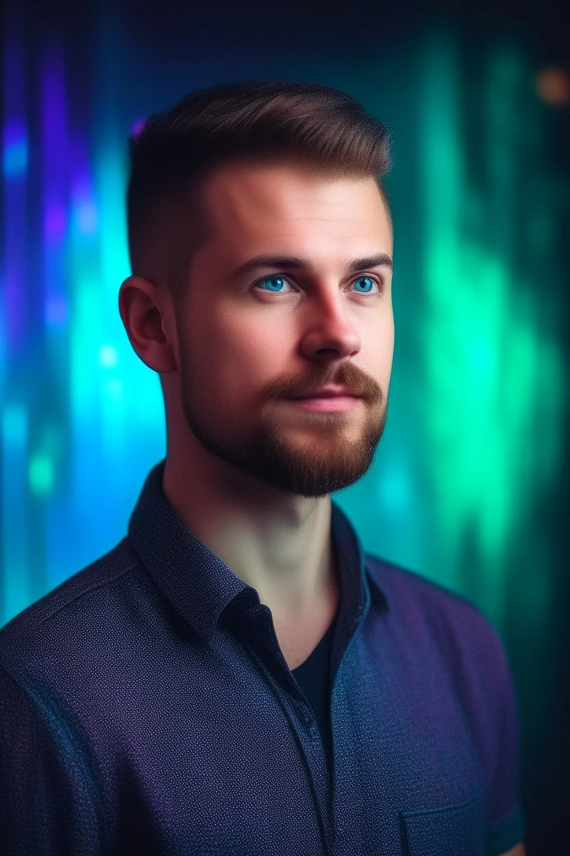 high quality photography 30 year old handsome developer man, stock photo premium, epic view, flat single holographic color background, closeup