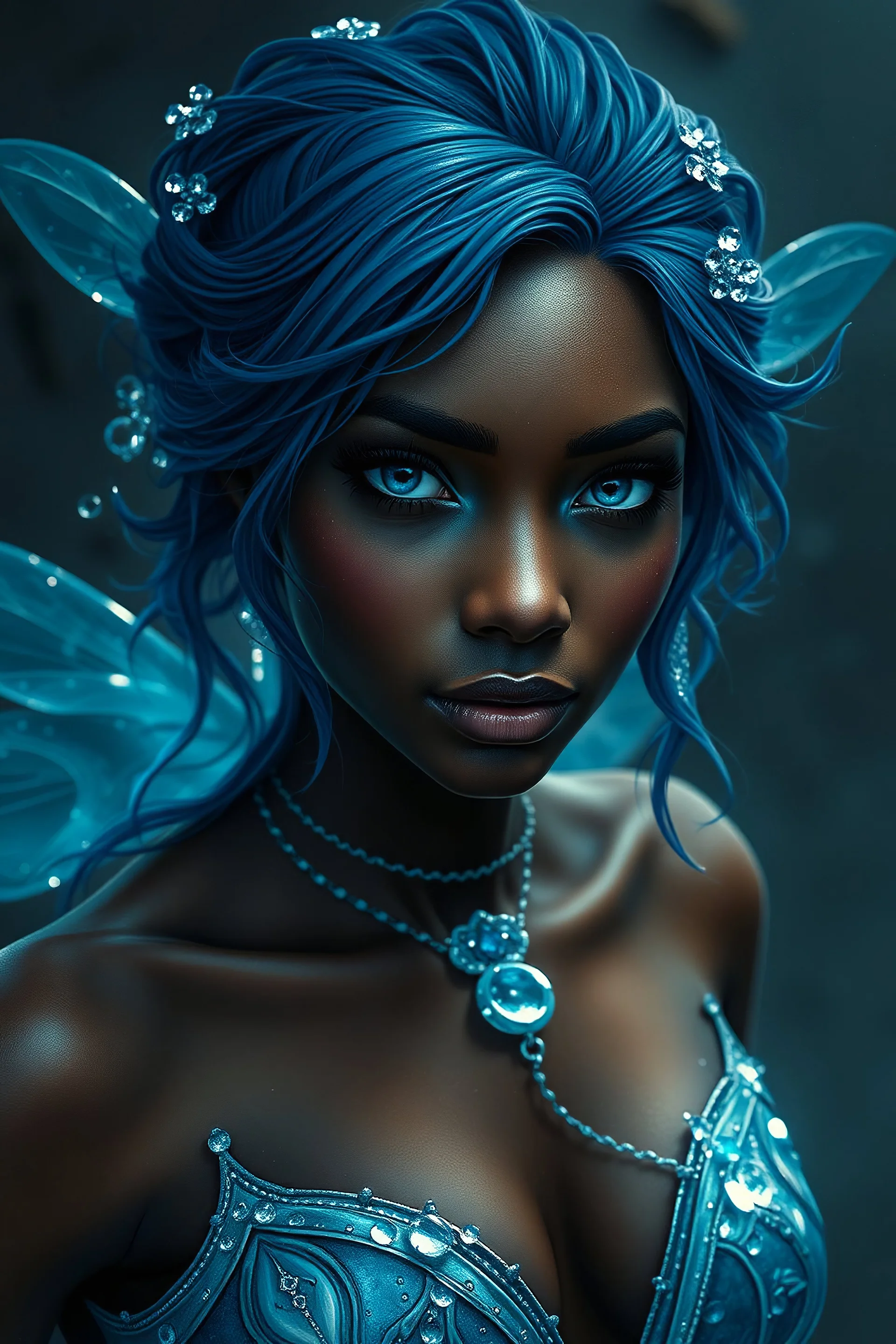 fantasy black female who is a water fairy, she has dark blue hair and deep blue eyes. she has water powers