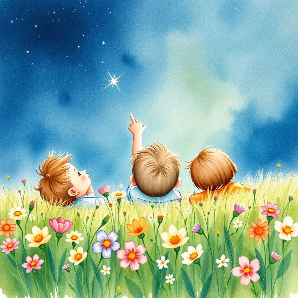 Three adorable children lying in flower meadow gazing at starry sky, middle child pointing at shooting star, traditional watercolor painting technique, soft flowing pigments, paper texture visible, delicate brush strokes, transparent color washes, bleeding colors effect, gentle pastels with deeper accent colors, loose artistic style, handpainted watercolor illustration, organic paint flow, artistic paper grain, luminous watercolor glow, children's storybook watercolor art --ar 16:9 --v 6.1