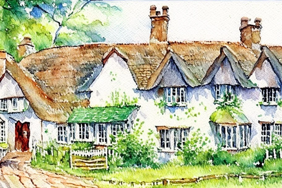 Detailed loose watercolour of an English cottage