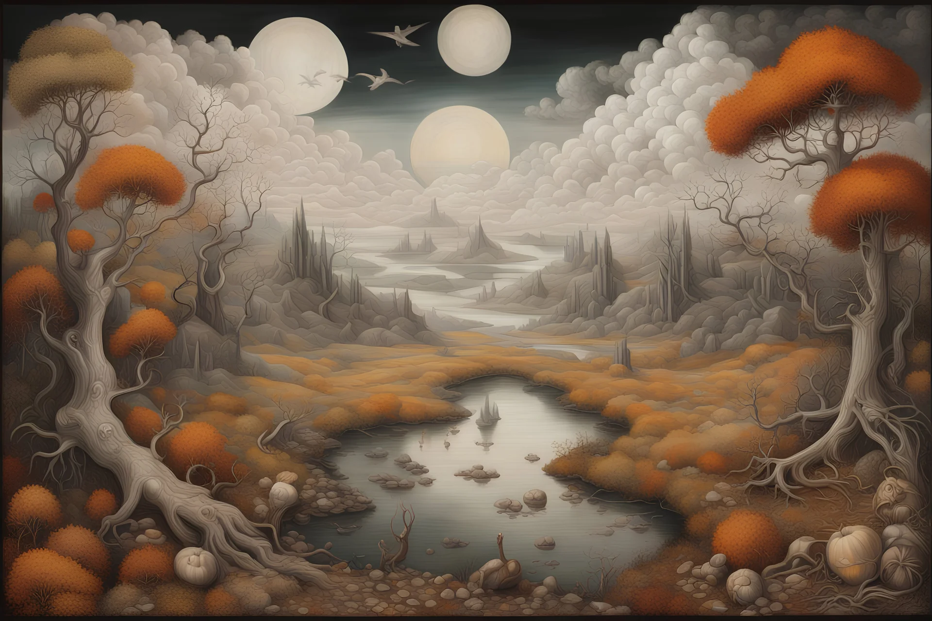 isotropic autumnal scene, fragmented dreams of death fade into the mist and clouds. By Hieronymous Bosch, Aubrey Beardsley, Justin O'Neal, Ernst Haeckel, kadinsky, Picasso, dali, Charles rennie macintosh, highly detailed oil on canvas pencil sketch 4K 3D 优雅的 铅笔素描 概念艺术