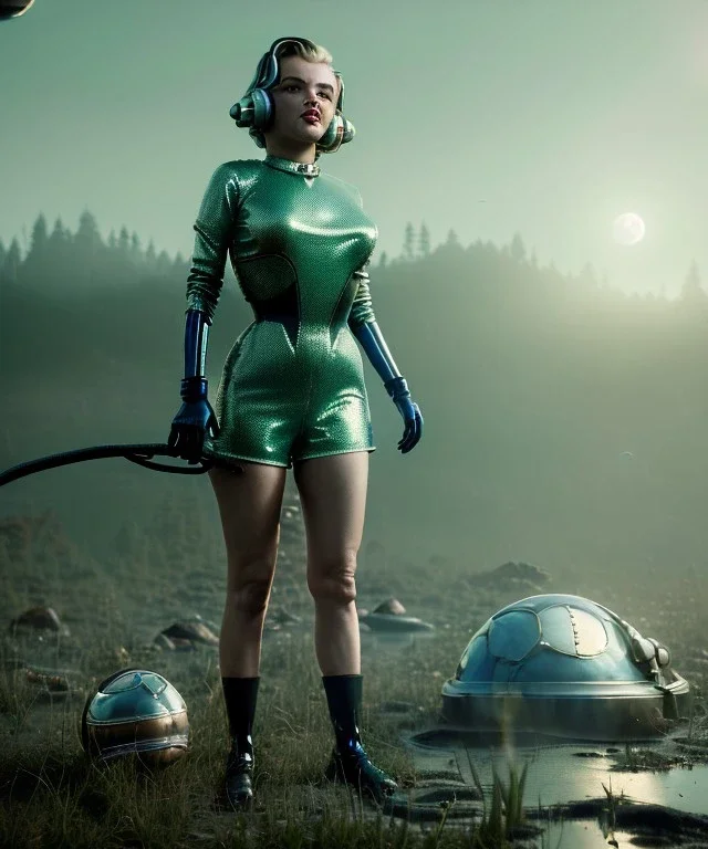 Ultra Realistic retro sci-fi 1960 scene, waist up view portrait, blonde woman, sweet young Marilyn Monroe face, perfect iris, tight latex coat, Strange planet background, Retro sci-fi style latex helmet, fog, rain, soft color, highly detailed, unreal engine 5, ray tracing, RTX, lumen lighting, ultra detail, volumetric lighting, 3d, finely drawn, high definition, high resolution.