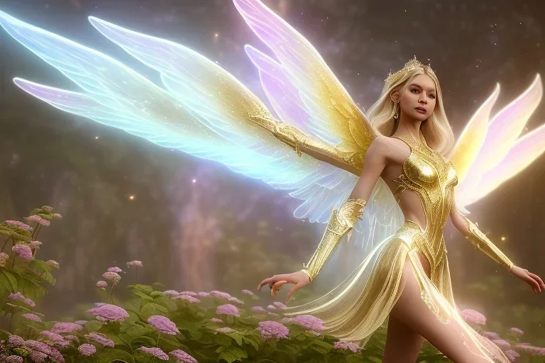  beautiful cosmic fairy, long hair, golden skin, nice smiling, transparent wings, magic glamour make up, delicate colors, beautiful glamour galactique dress, ultra sharp focus, 8k, unreal engine 5, extremely sharp detail, light effect, soft light atmosphere of a spaceship, smooth, full of details, face in front, complete vision of face and hair and body