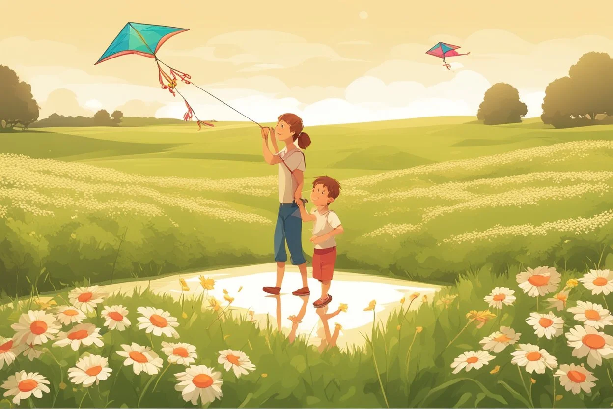 a father, a girl and a boy with a kite flying in the sky on the green field with flowers in sunshine