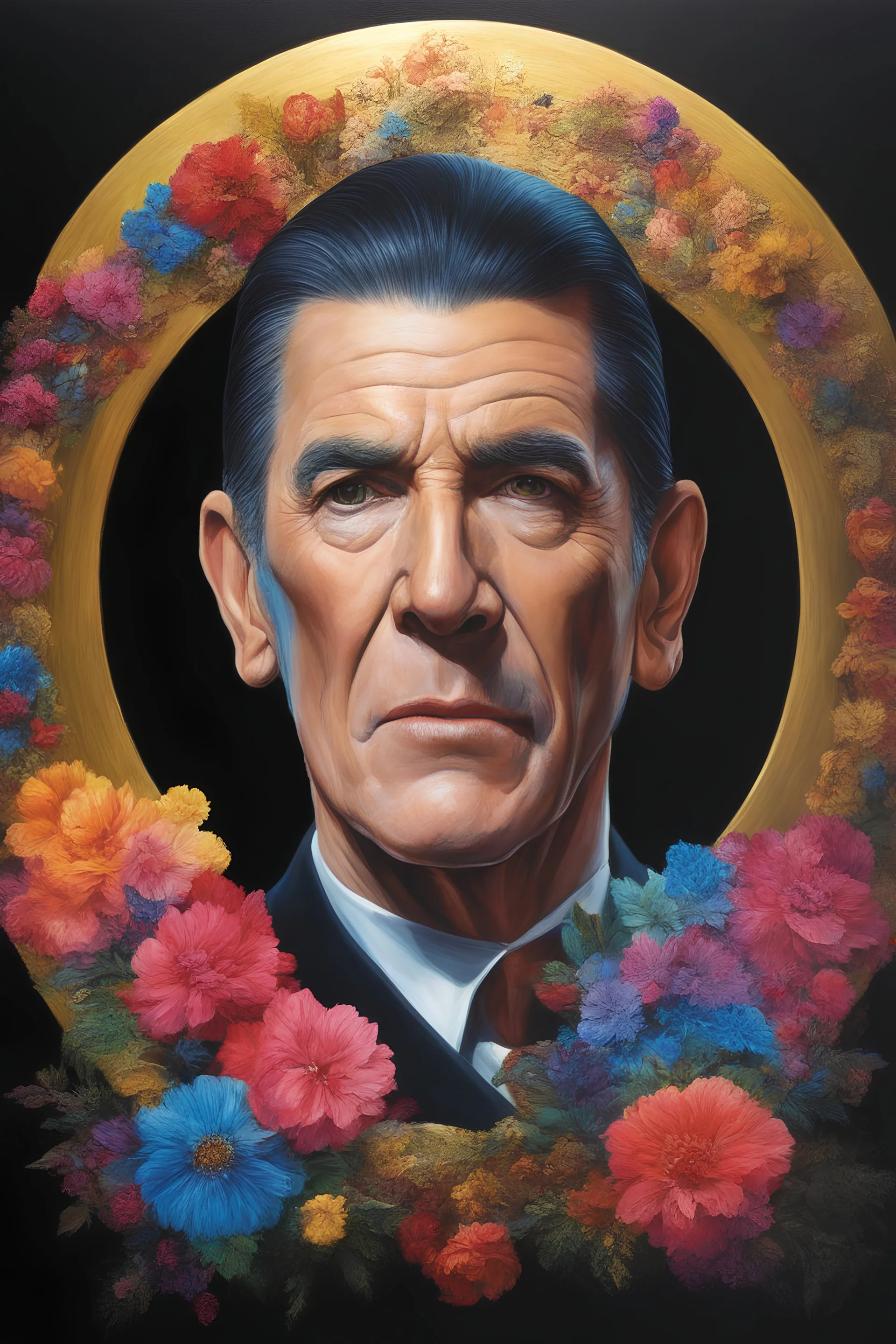 Count Dracula's face inside a small gold circle, Leonard Nimoy/Henry Cavill/Michael Jackson, multicolored, large, Floral/rainbow designs, atmospheric, beautiful, bright, vibrant colors, pitch-black background, oil painting by Boris Vallejo, 4k UHD, Photorealistic, professional quality