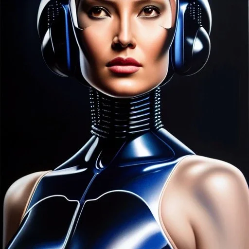 Ultra detailed fullbody Portrait in oil on canvas of female Robocop,extremely detailed digital painting,ultrarealistic skin,intense stare, extremely detailed face, crystal clear eyes, mystical colors ,perfectly centered image, perfect composition, rim light, beautiful lighting,masterpiece ,8k, stunning scene, raytracing, anatomically correct, in the style of Simon Bisley and uncannyknack and Ohrai Noriyoshi and robert e howard and Steve Jung.