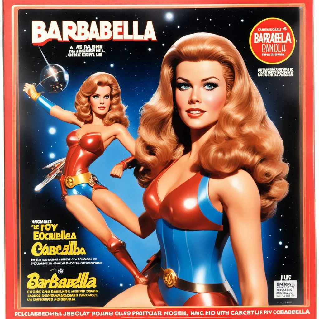 A photograph of a pristine action figure encased in its packaging, evoking a sense of collectible wonder, styled after a vintage toy advertisement. The box prominently displays Barbarella" in bold, stylized lettering, with the action figure inside clearly resembling youthful Jane Fonda as Barbarella, possessing his iconic sci-fi features: her long red hair, she wears her iconic White jumpsuit with high boots, in the box: a Positronic womanizer, and futuristic toys and lubricant tubes