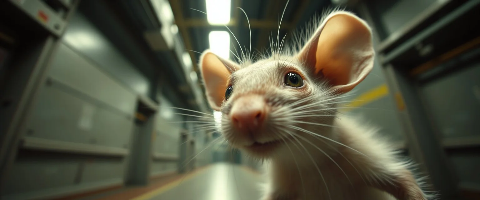 extreme close up on fluffy rat elf family scumbag in the cinema the style of Escher and Giger and Fallout 4, pinhole cam, airbrush 3d rendering, on tv screen:A five-second cinematic single take in a clean industrial presentation hall.