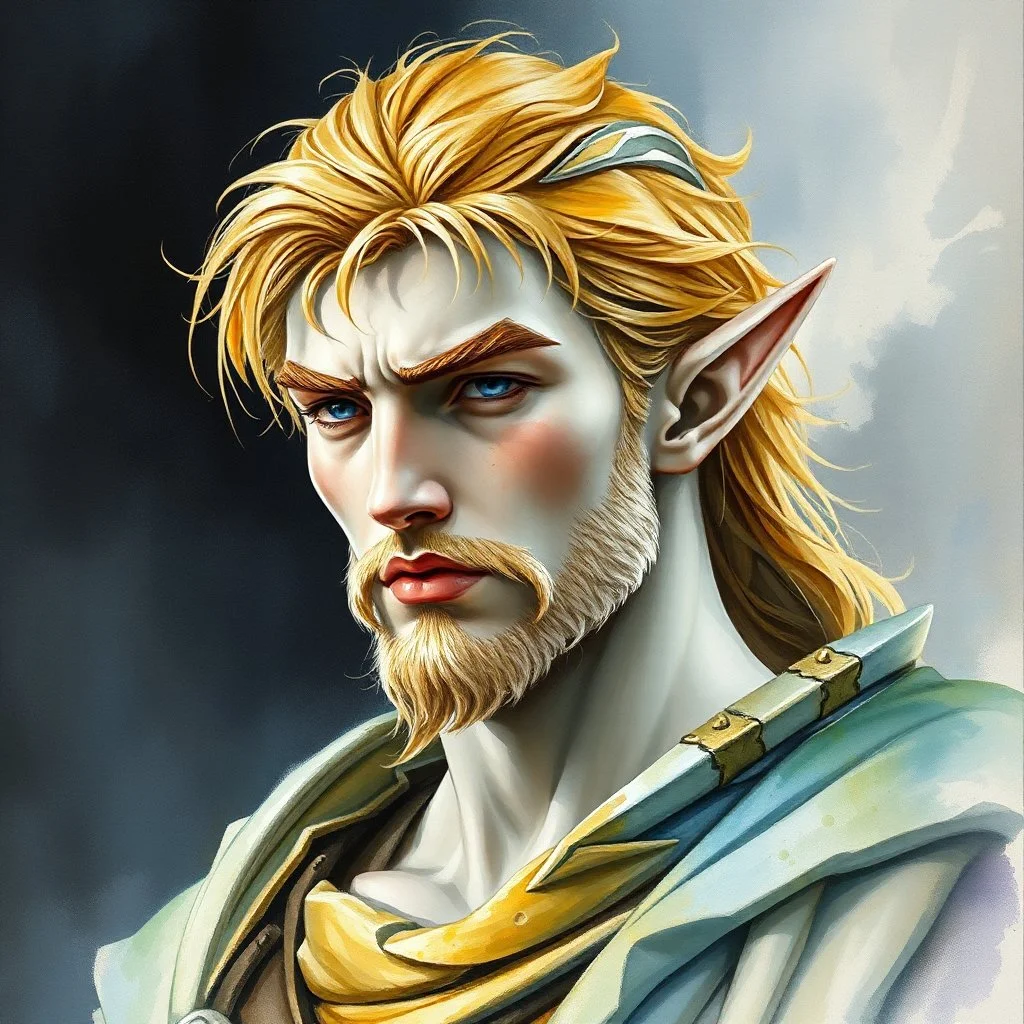 fantasy, dramatic portrait, marble statue of an elf male, watercolour, golden hair, warrior, mighty, righteous