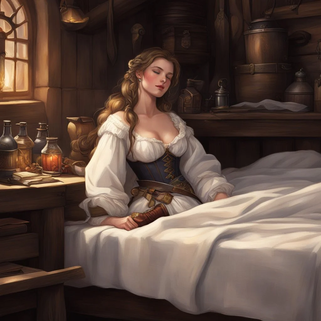 a beauty asleep in the bedroom of the tavern, her weapons on her side, she is in light linen