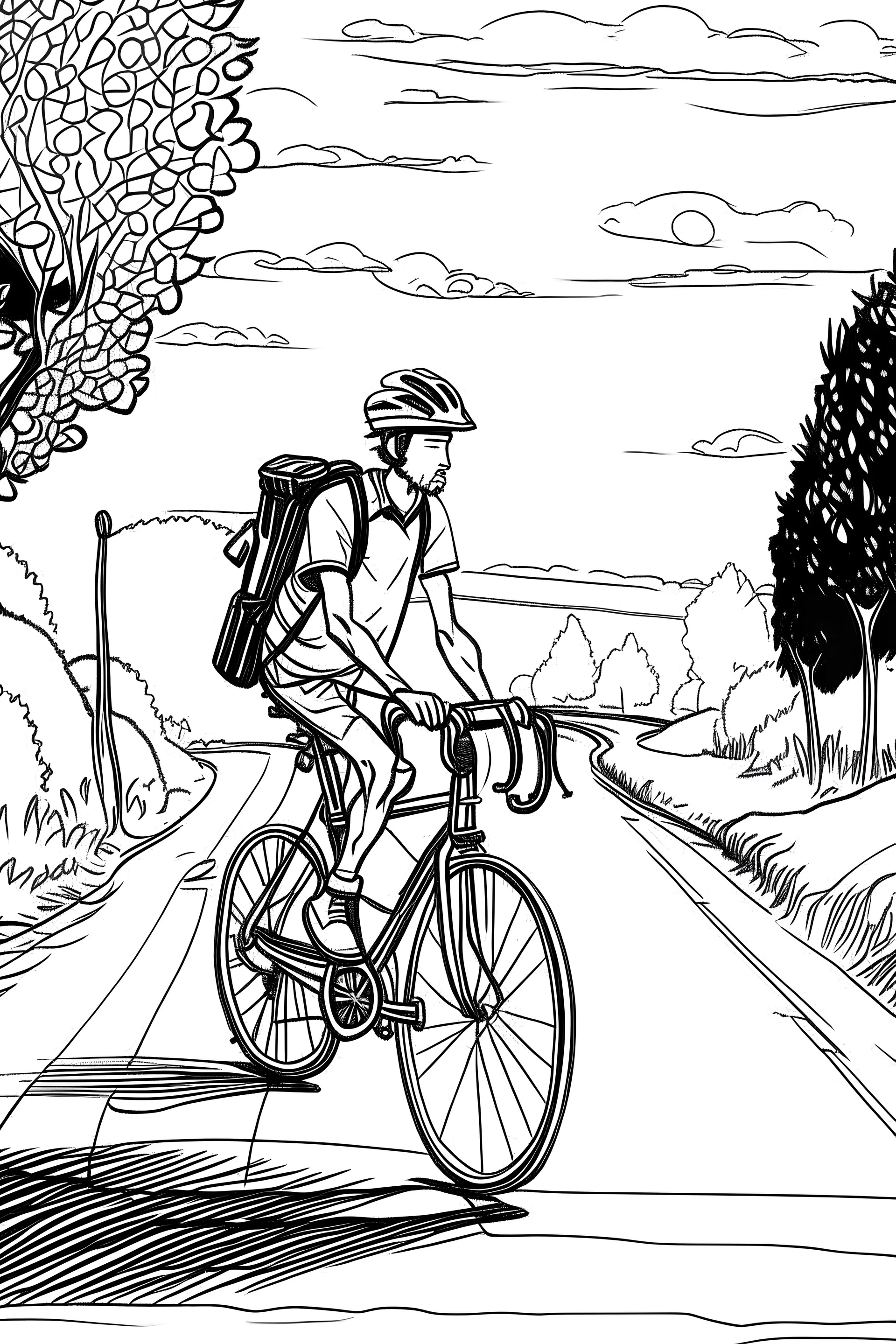 Outline art, no shading, bike full body on the road, cartoon style, black and white, low detail, --ar 9:11