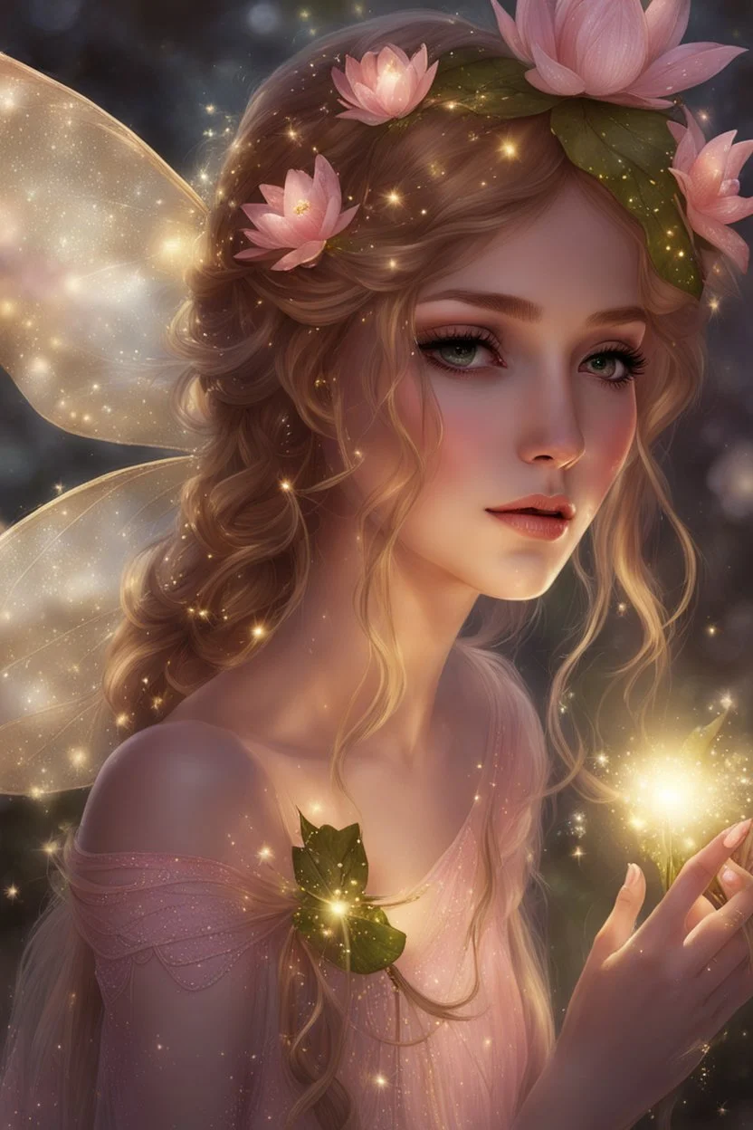 Blonde hair ,Pink dress,Sparkling fairy wings,Very long golden hair,Fairy crown,pointed ears,elven ears,fairy wings,water lilies,sparkling,glittering,flowers,blossoms,golden crown,light pink dress