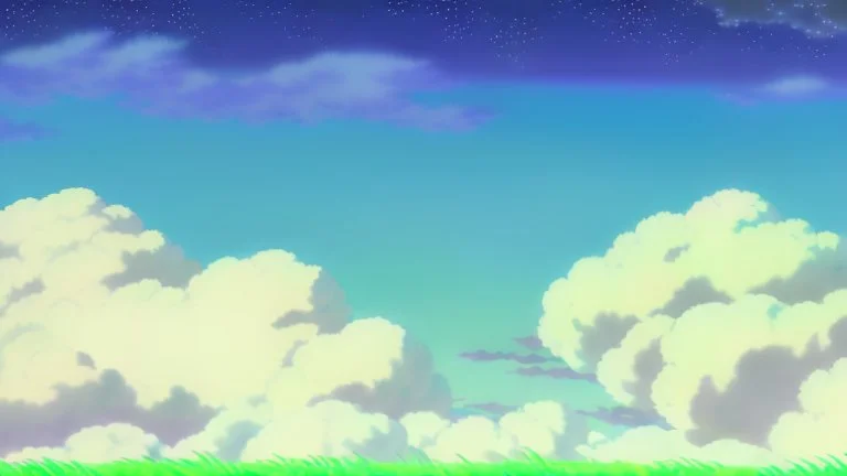 floating ruins of an asian village with purple sky full of stars, sunflower field, anime, high res, makoto shinkai