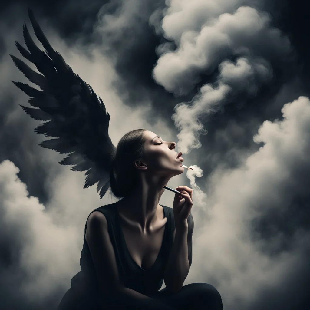 woman sitting forward Her face upward and blows cigarette smoke from their mouth upward. a figure with wings emerging from its back. behind the clouds of smoke look death. dark and mysterious