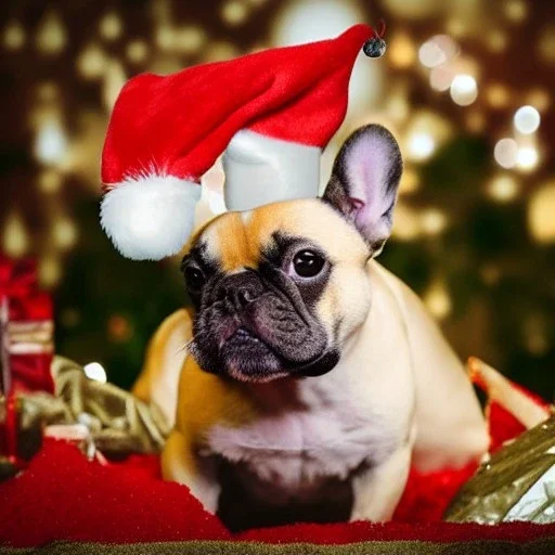 Portrait of a cute french bulldog with light brown fur celebrating new year and christmas in a palace