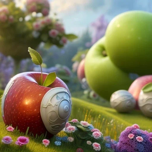 Play-Doh style, pixar style, volumetric summer garden environment and background, realistic painting of an apple, looking excited, detailed digital painting, extreme dense and fine fur, anime, ornate, colour-washed colors, elegant, small minutiae, tiny features, particulars, centered, smooth, sharp focus, renderman gofur render, 8k, uhd, detailed eyes, realistic shaded volumetric lighting, sunlight caustics, backlight, centered camera view