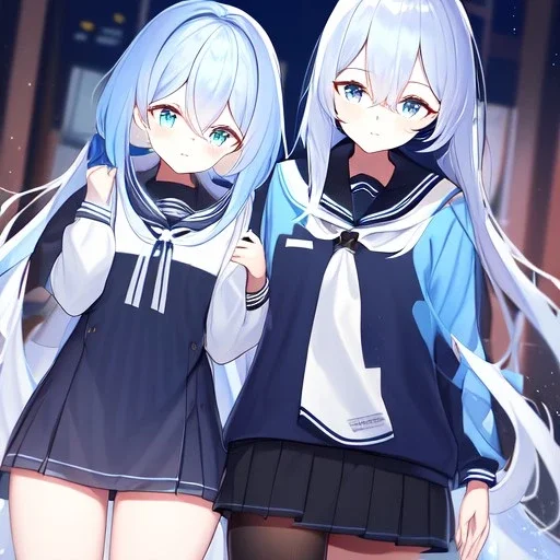 Clear focus, High resolution, long fluffy light blue hair, hair between eyes, long locks, wearing a sailor uniform, wearing a short skirt, long black socks