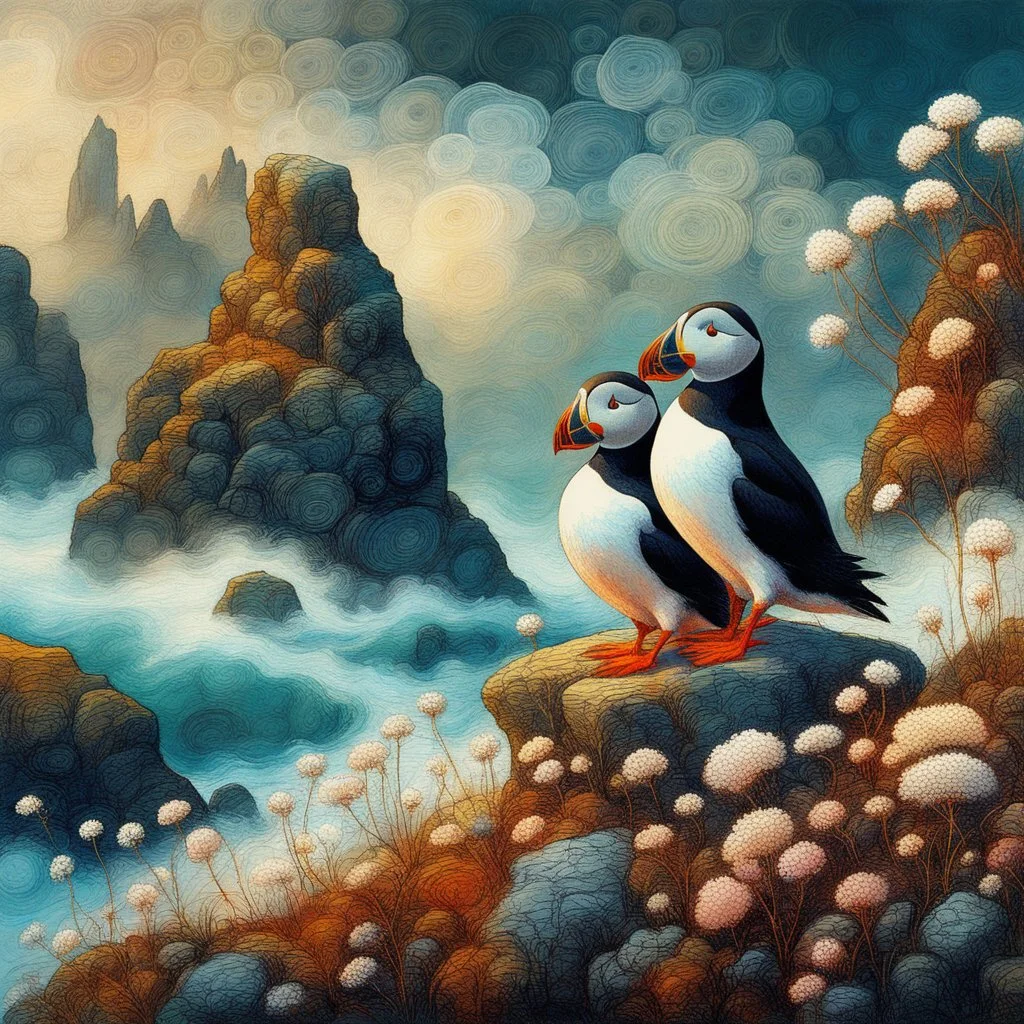 Create an oil painting depicting two puffins perched on rock cliffs in Iceland with tiny white wildflowers growing around them. Modifiers: elegant intricate beautiful colourful Zdzisław Beksiński acrylic art abstract watercolor Fractal Henri Matisse Paul Klee mysterious Victo Ngai warm light watercolor ink beautiful elegant intricate