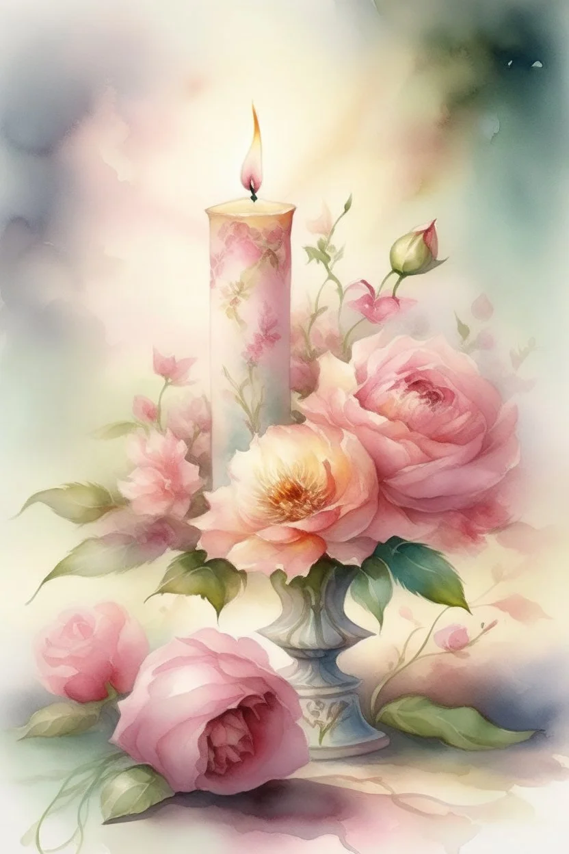 MAGIC A PYRAMID CANDLE IS BURNING AROUND WONDERFUL FLOWERS English watercolor, Smoky cream, pale gray, pale pink, pink background. bright light, a bouquet of roses on the table are pale pink, pale bordeaux, white, ochre. green stems, the light is translucent. Watercolor, fine ink drawing, peonies in an hourglass, elegant gold inlay, rich interior rose of the valley, leaves, nature, beautiful raindrops, beautiful fog, over a beautiful rainbow, fantasy, romantic dreamy mood, special attractions