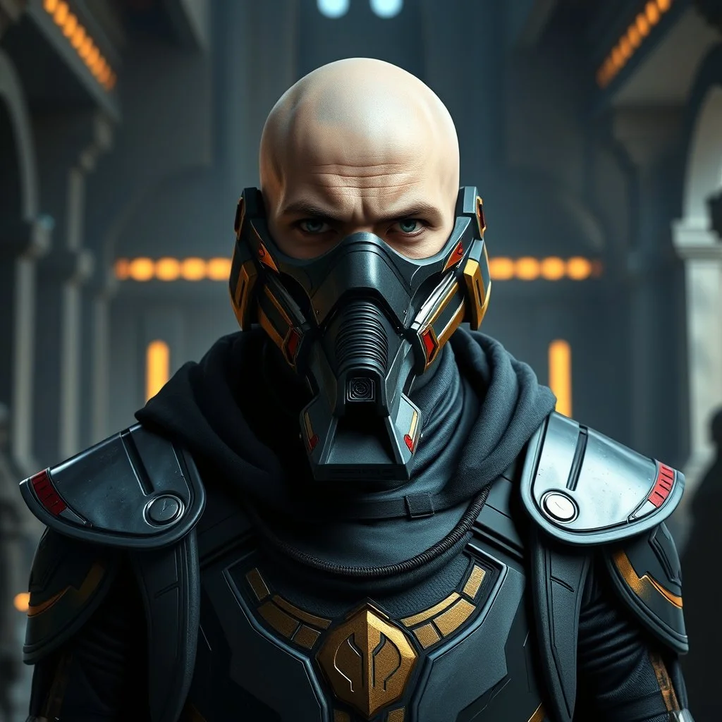 star wars bald male corellian jedi wearing gunmetal grey and black old republic armored flightsuit and breath mask with gold and metallic red trim inside the jedi temple, centered head and shoulders portrait, hyperdetailed, dynamic lighting, hyperdetailed background, 8k resolution, volumetric lighting, light skin, fully symmetric details