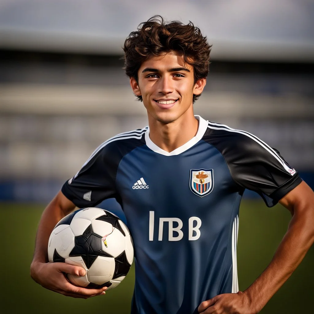 85mm DSLR color photography of a very detailed headshot fitting all of head and hair in frame. 19-year-old Argentine soccer player, and with no facial hair and has no facial hair, has short and black hair with a small smile, grey background