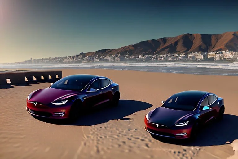 A Tesla 'Model S' is going at a high speed, at the 'Santa Monica State Beach' in California. (CINEMATIC, WIDE ANGLE LENS, PHOTO REAL)