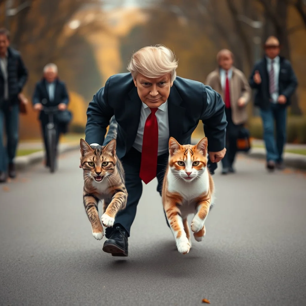 donald trump running away with two cats to save them from people