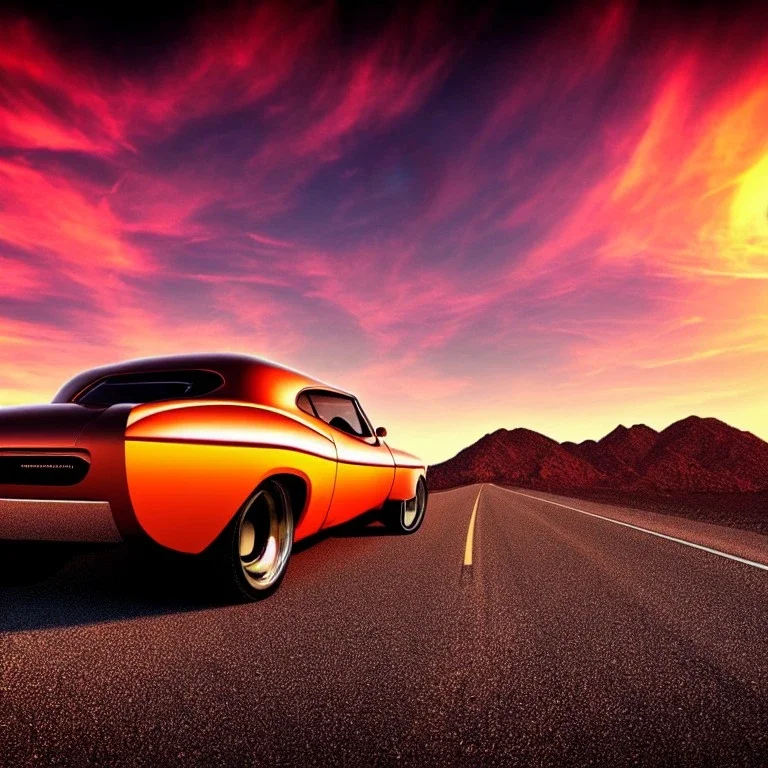 art deco, muscle car, desert road, sunset, full colour, hd,