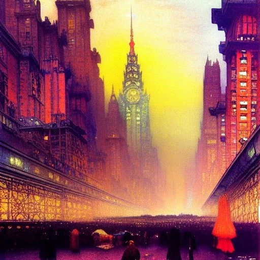 Metropolis Skyline , bright colours, watercolor, volumetric wool felting, macro photograph , by john atkinson Grimshaw, detailed painting,matte painting, alphonse mucha, greg rutkowski