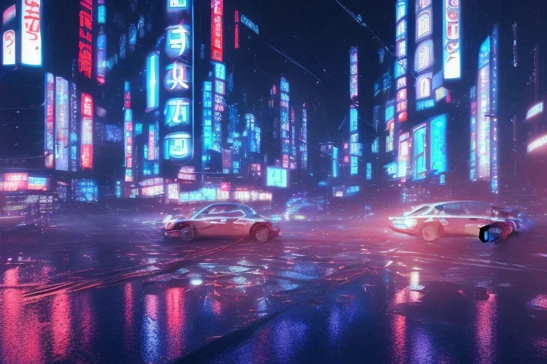 cinematic, night, Tokyo, Rain, high definition, blue neon lights, blender 3d