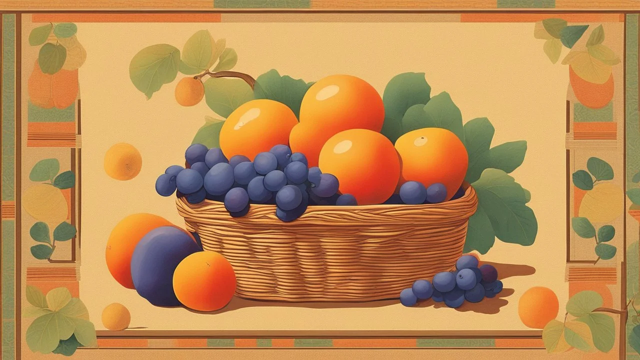 In the center of the composition, a variety of fruits such as ripe apples, juicy oranges and succulent grapes are artfully displayed in a woven basket, whose vibrant colors add a touch of freshness to the scene. The fruits exude a sense of natural beauty and abundance