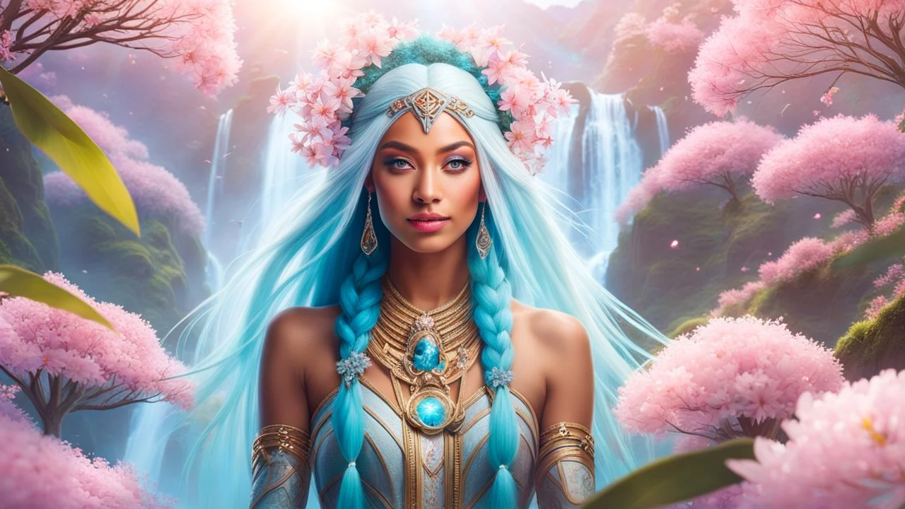 Photo realistic portrait of a gorgeous smiling skinny polynesian goddess with a golden dark shining skin, long smooth clear turquoise blue white hair, blue eyes, in a sci-fi outfit with luminous strikes blowing a kiss in a hill of flowers with sakura trees, a waterfall, a crystal palace, loads of mini flowers, moss, sun rays through the branches, particles in the air at spring