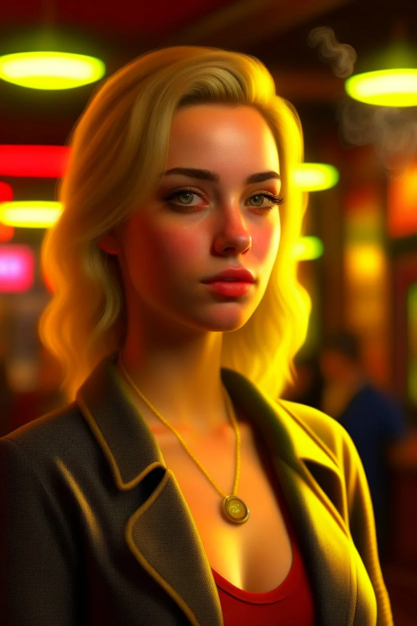 casino, a cute blonde latino female chat robot that stares at us like we are the prettiest demons she has ever seen, its such a perfect day, motion blur, smoke, 8k, downlight, soft light, depth of field, photorealism, trending on art station, lotsa detail