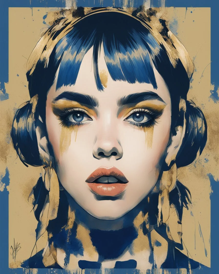 Poster in two gradually, a one side the Singer Danish MØ face, and other side the Singer Melanie Martinez face, symmetry, painting by Yoji Shinkawa, darkblue and gold tones,