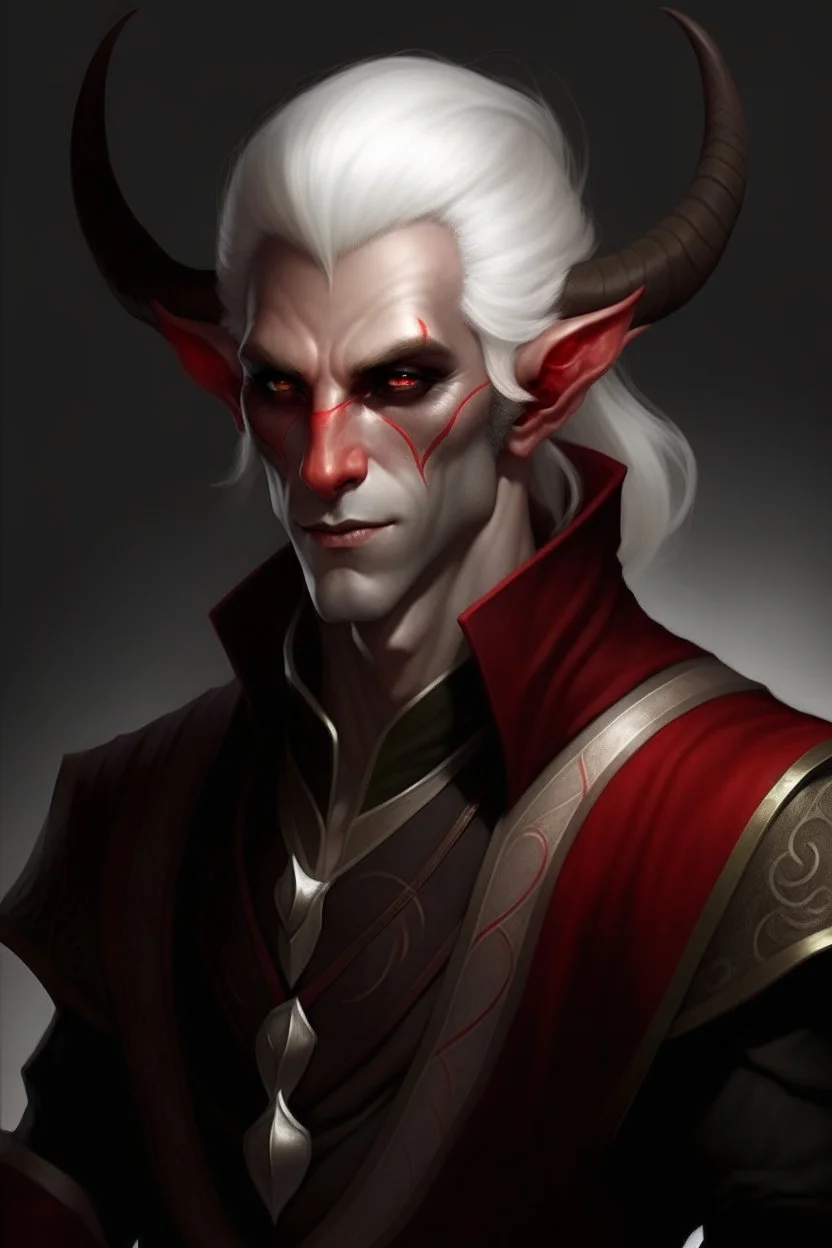 male tiefling dark-red skin with white hair and white eyes rogue