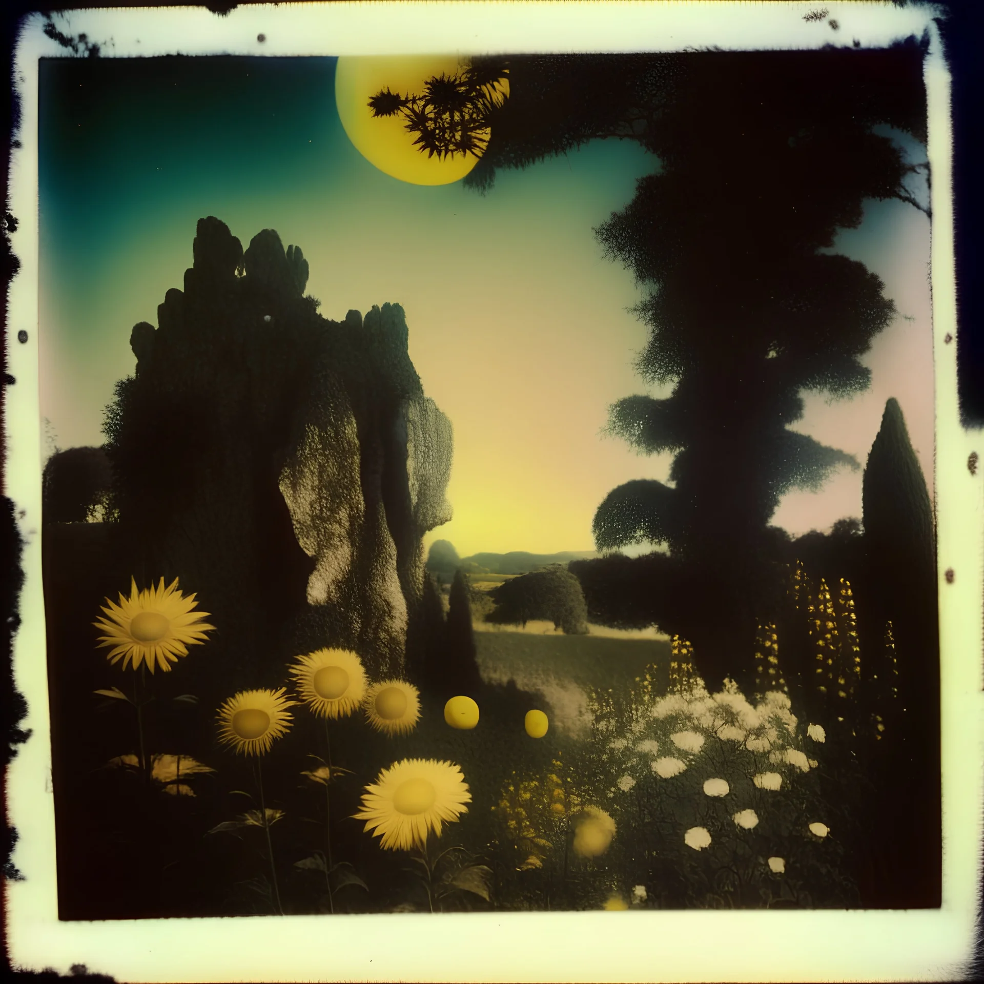 Polaroid photo of a peaceful marvelous landscape, trees, flowers, giant sun, very spooky figure, intricate, rock formations, atmosphere of a Max Ernst painting, Henri Rousseau, thoughtful, interesting, a bit appalling, smooth