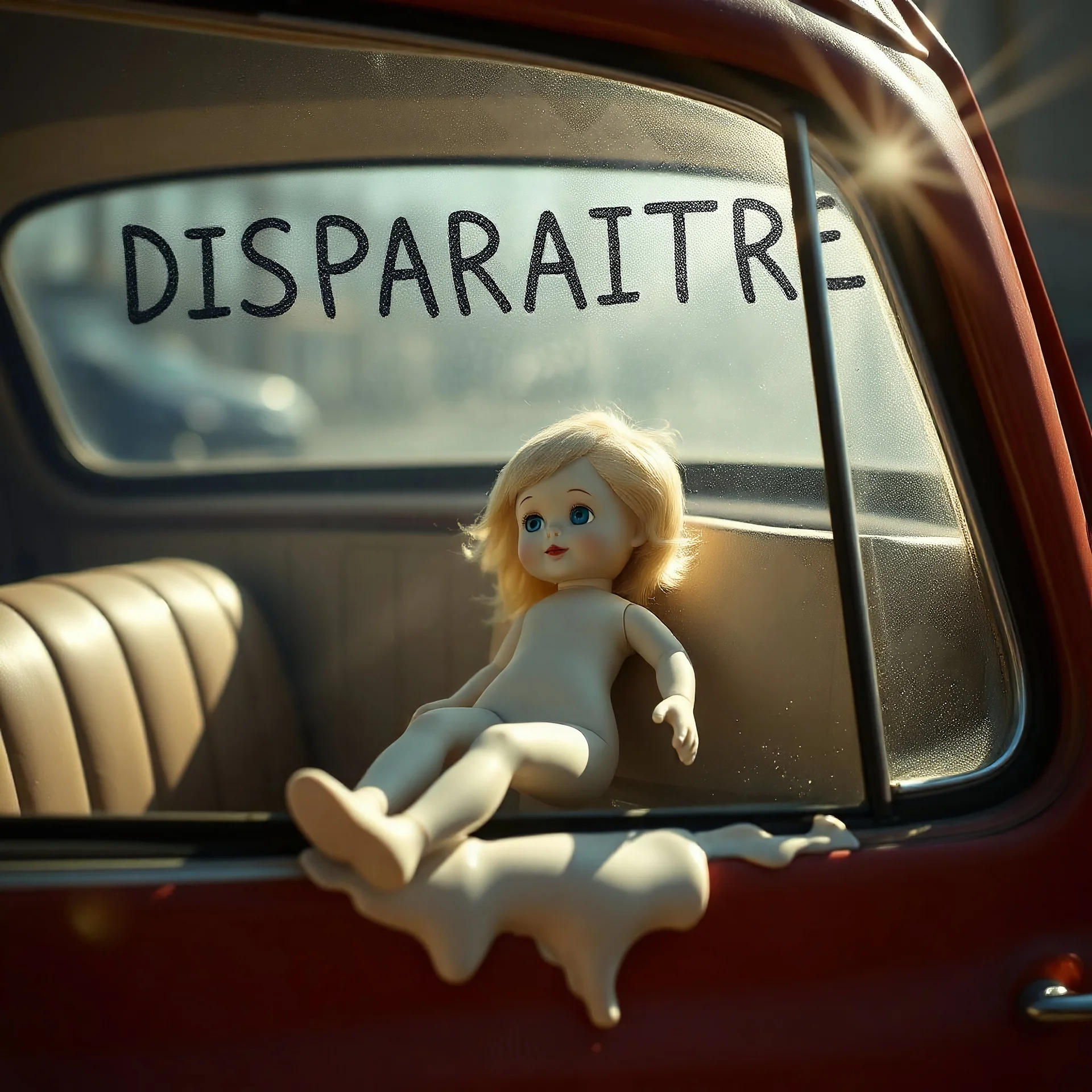 poupée complétement fondue au soleil à la vitre d'une voiture vintage, avec le mot français "DISPARAITRE" sur la vitre