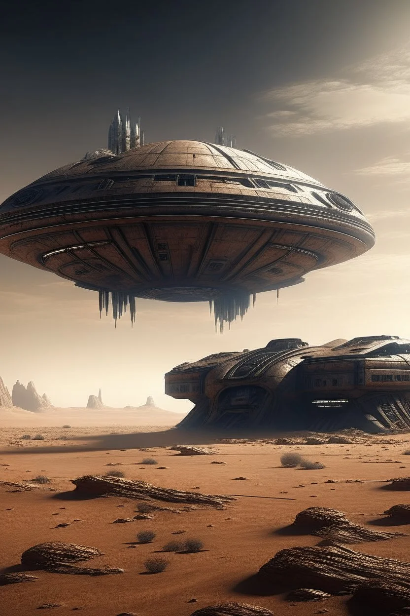 A sleek Spaceship landing in a ruined alien desert city