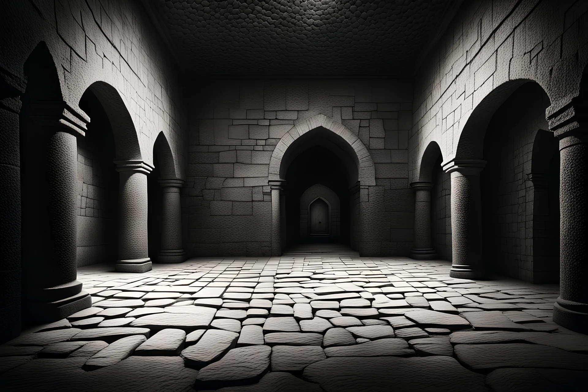generate an image dark stone room in Omani old castle like a draw minimal style black and white pencil style.