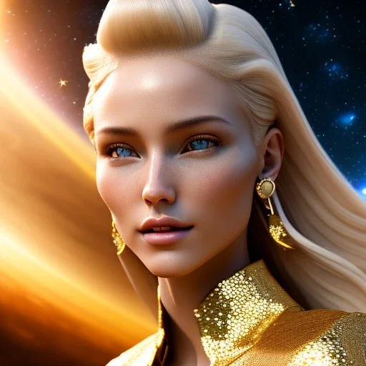 face,angel, man, woman blondie, smile, beautiful place,amazing, cosmic, colors, planet, gold,Flower, realistic, photo real, stars night, detailed, high contrast, 8k high definition, unreal engine 5, extremely sharp detail, light effect, light background